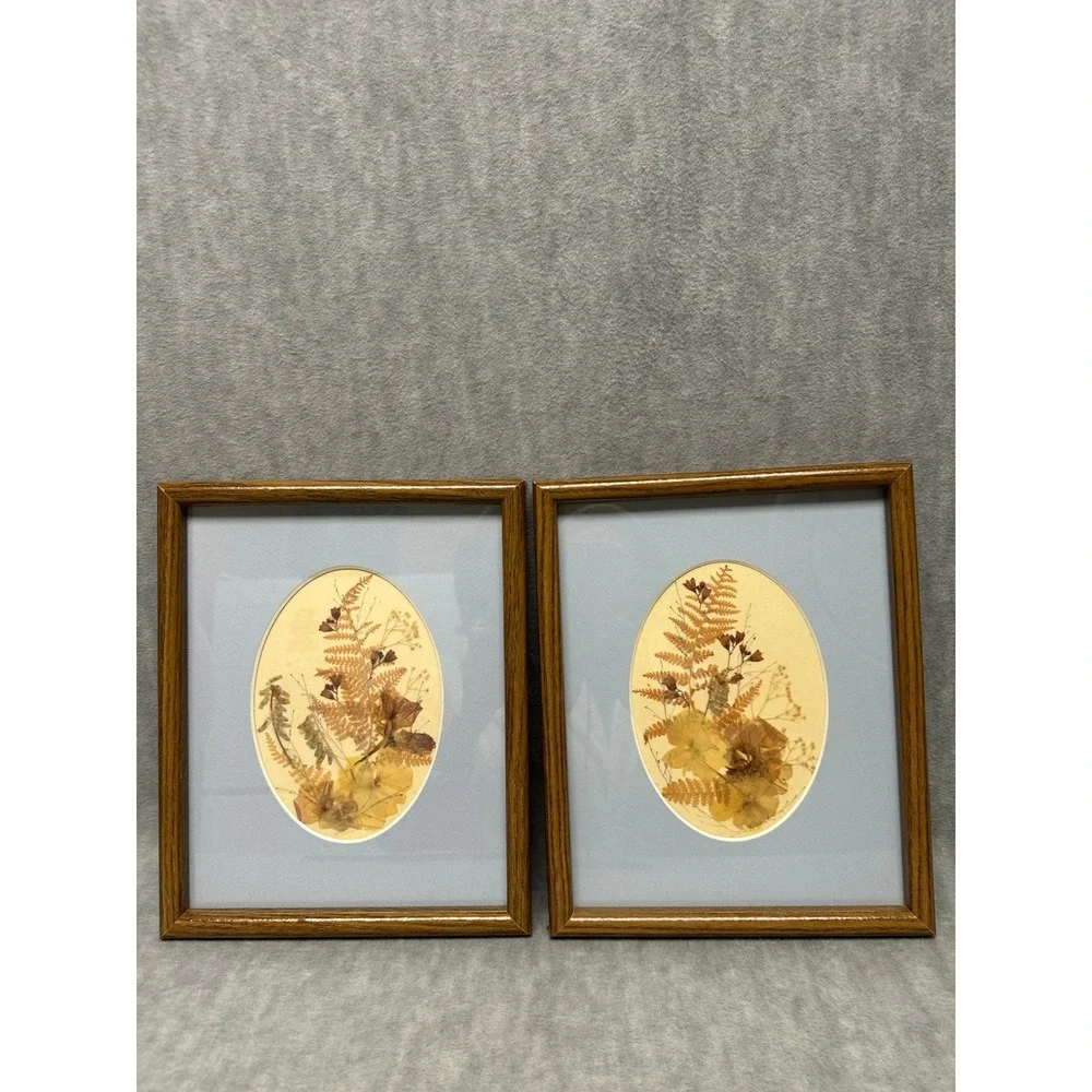 VTG Set of 2 Framed Dried Pressed Fern Flowers Botanical‎ Art Oval Cottagecore